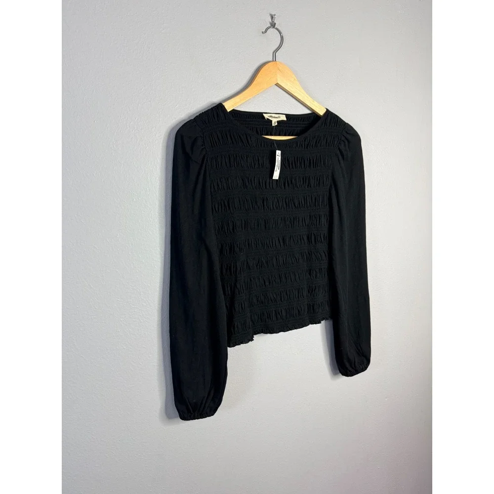Madewell Smocked Boatneck Top Black XS NWT‎